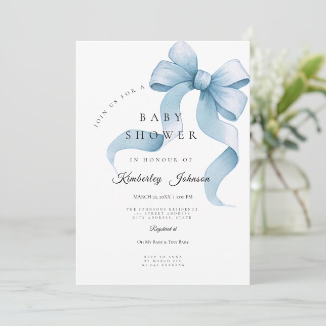 Invitación Baby Shower de Blue Bow todo en uno (Anverso de pie)
