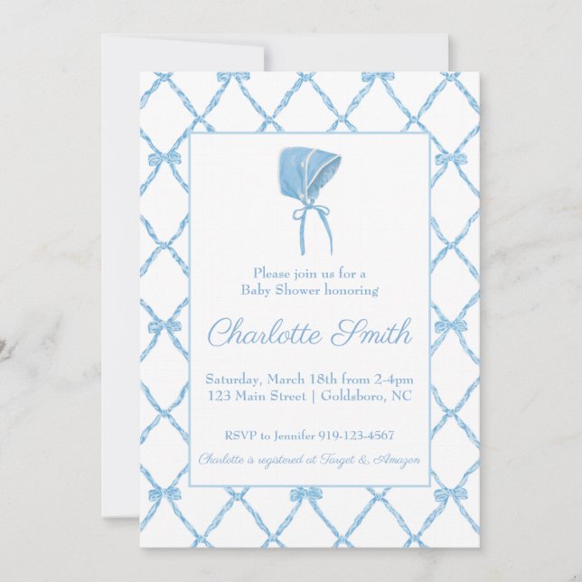 Invitación Baby Shower de Blue Bow Trellis (Anverso)