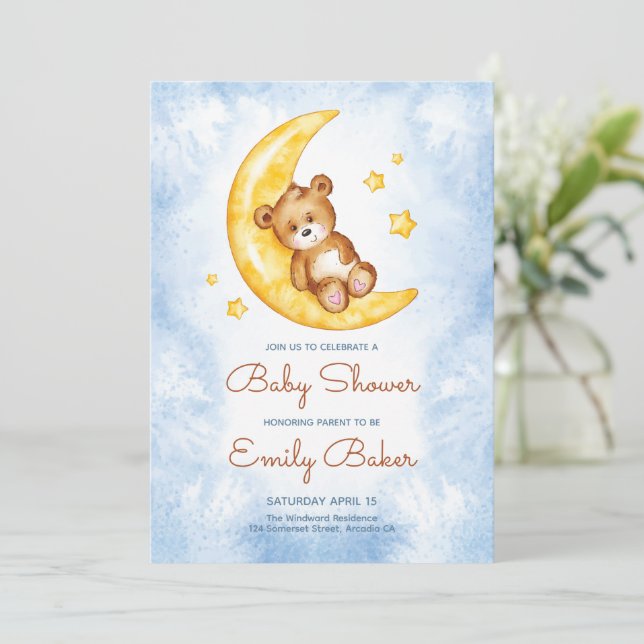 Invitación Baby Shower de Blue Boy Boho Teddy Bear (Anverso de pie)
