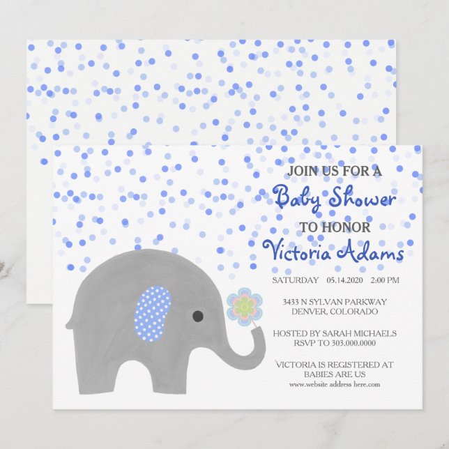 Invitación Baby Shower de Blue Confetti Elephant (Anverso / Reverso)