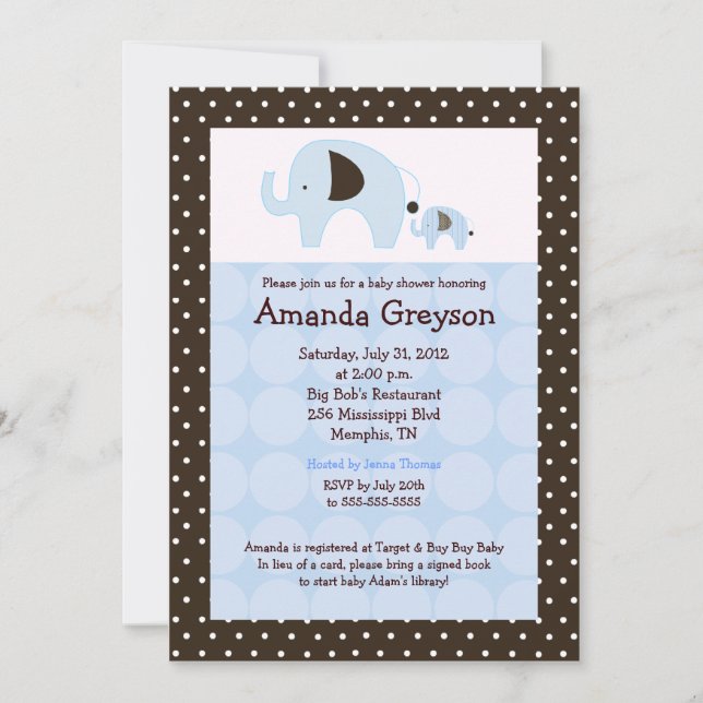 Invitación Baby Shower de Blue Dottie Elephant 5x7 (Anverso)