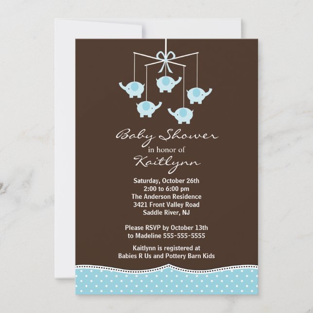 Invitación Baby Shower de Blue Elephant Mobile Boy (Anverso)