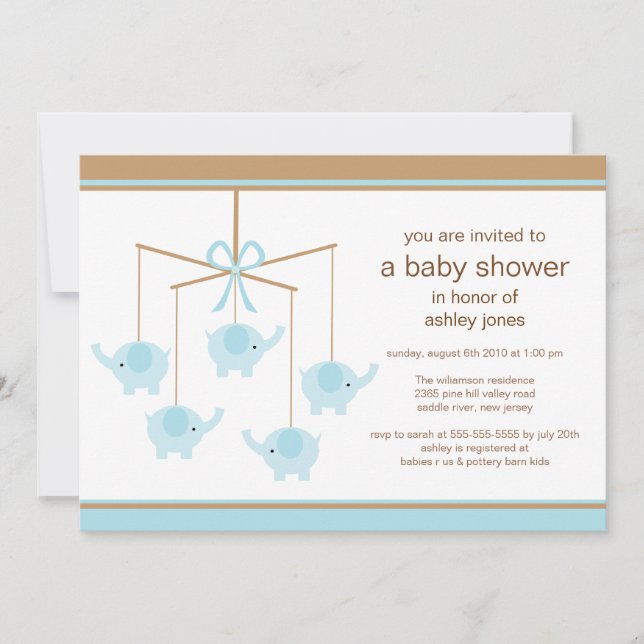 Invitación Baby Shower de Blue Elephant Mobile Boy (Anverso)