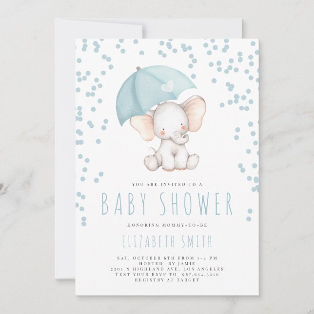 Invitación Baby Shower de Blue Elephant Rain Sprinkle Boy (Anverso)