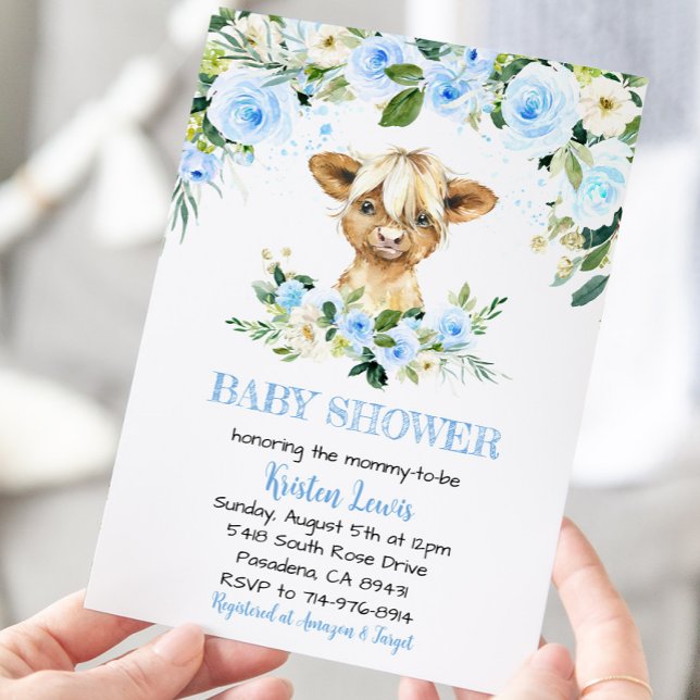 Invitación Baby Shower de Blue Floral Highland Cow (Subido por el creador)