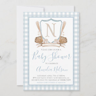 Invitación Baby Shower de Blue Gingham Baseball