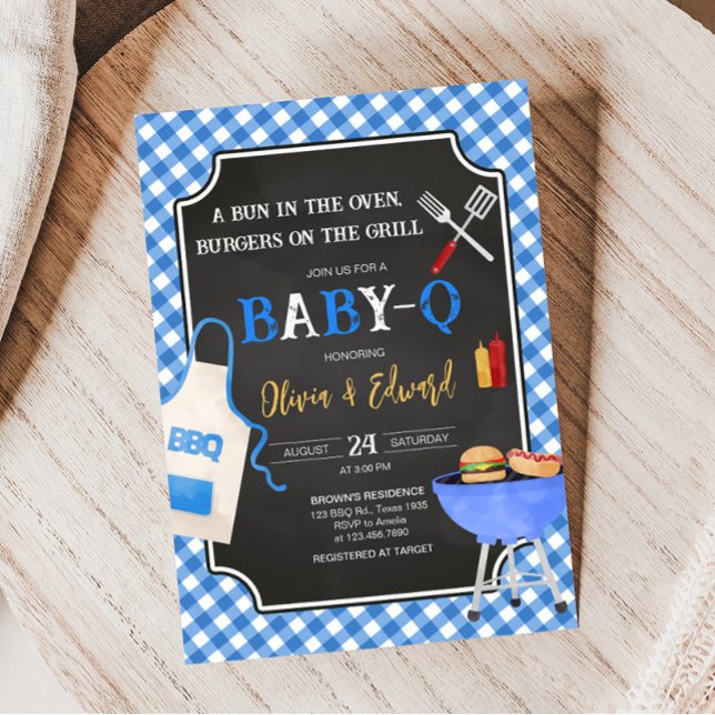 Invitación Baby Shower de Blue Gingham BBQ (Boy Baby-Q Baby Shower Invitation)