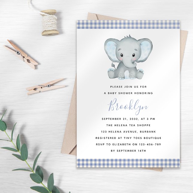 Invitación Baby Shower de Blue Gingham Elephant (Subido por el creador)