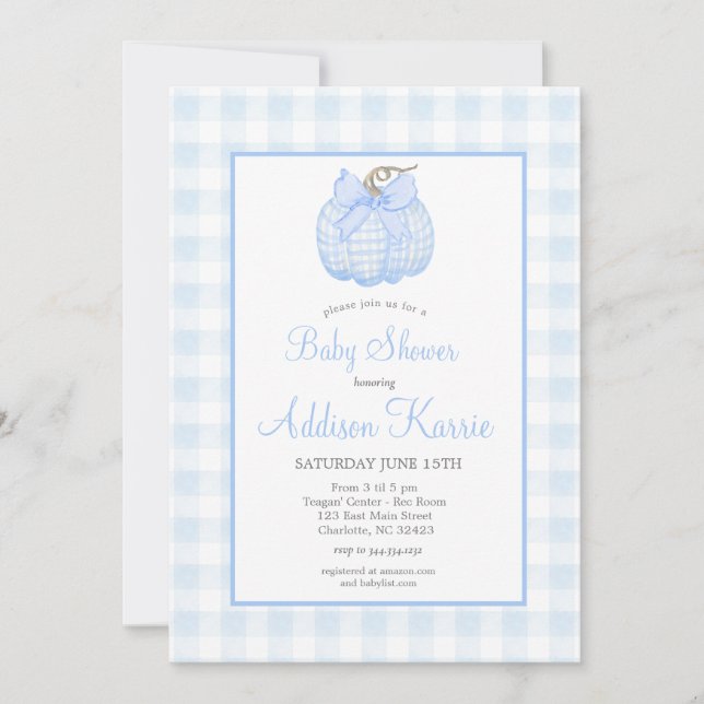 Invitación Baby Shower de Blue Gingham Pumpkin (Anverso)