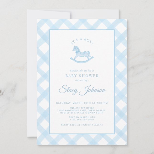 Invitación Baby Shower de Blue Gingham Rocking Hor (Anverso)