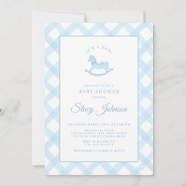 Invitación Baby Shower de Blue Gingham Rocking Hor