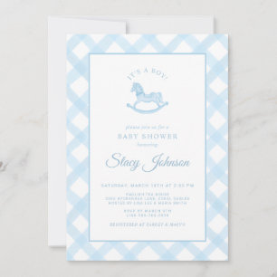 Invitación Baby Shower de Blue Gingham Rocking Hor
