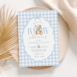 Invitación Baby Shower de Blue Gingham Teddy Bear