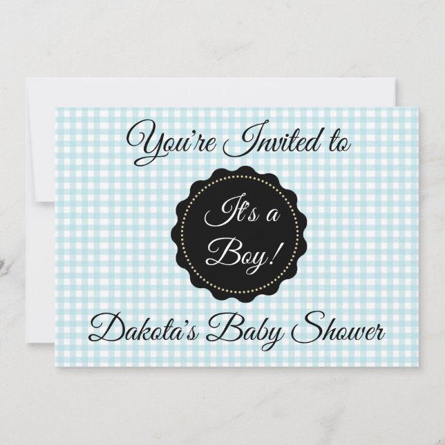 Invitación Baby Shower de Blue gingham y Black Boy (Anverso)