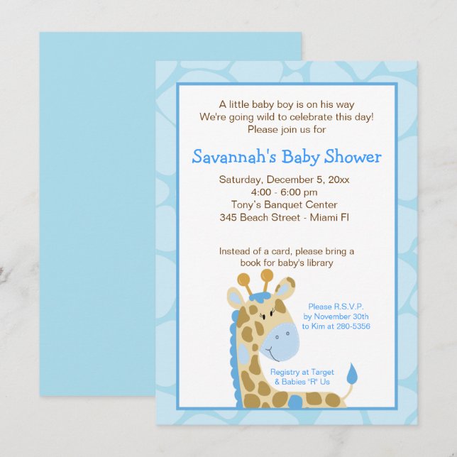 Invitación Baby Shower de Blue Giraffe Boy (Anverso / Reverso)