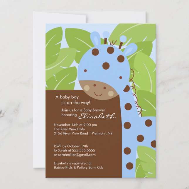 Invitación Baby Shower de Blue Giraffe Boy (Anverso)