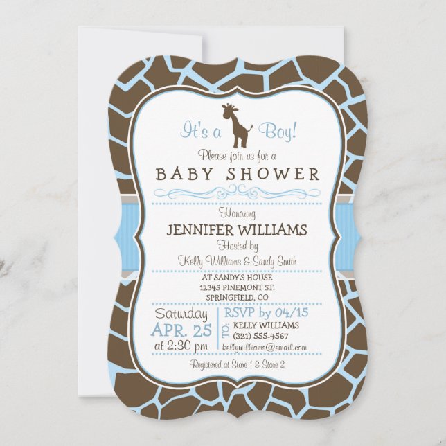Invitación Baby Shower de Blue Giraffe Print Boy (Anverso)