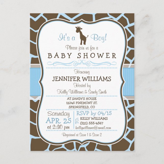 Invitación Baby Shower de Blue Giraffe Print Boy (Anverso)