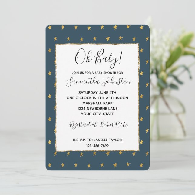 Invitación Baby Shower de Blue Gold Stars (Anverso de pie)