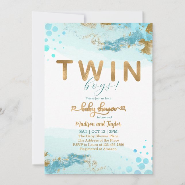 Invitación Baby Shower de Blue Gold Twin Boy (Anverso)