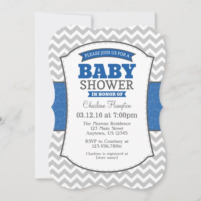 Invitación Baby Shower de Blue Gray Chevron (Anverso)