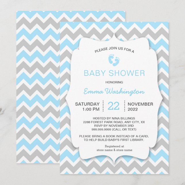 Invitación Baby Shower de Blue Gray Chevron (Anverso / Reverso)