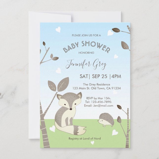 Invitación Baby Shower de Blue Gray Fox Hedgehog B (Anverso)