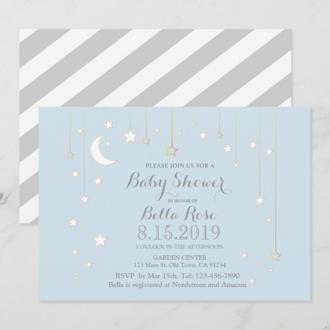 Invitación Baby Shower de Blue Gray Moon Star Boy (Anverso / Reverso)