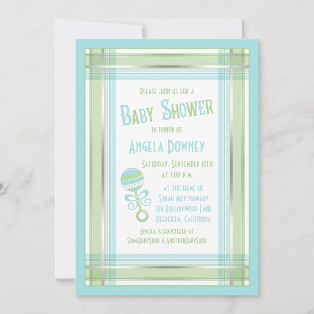 Invitación Baby Shower de Blue Green Plaid Rattle (Anverso)