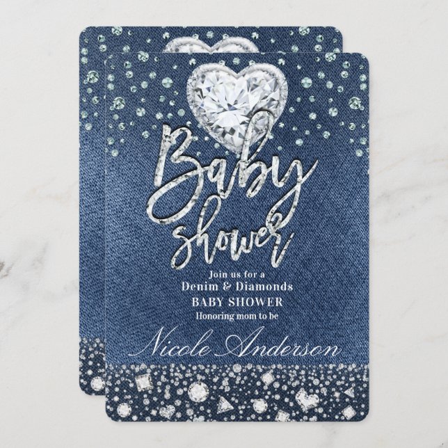Invitación Baby Shower de Blue Jean Denim & Bling Diamonds (Anverso / Reverso)