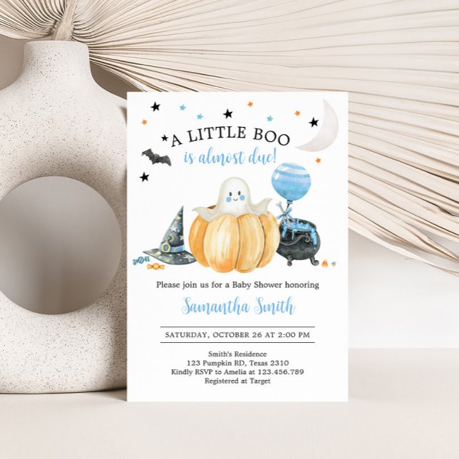 Invitación Baby Shower de Blue Little Bompkin Halloween (Pumpkin Halloween Baby Shower Invitation)