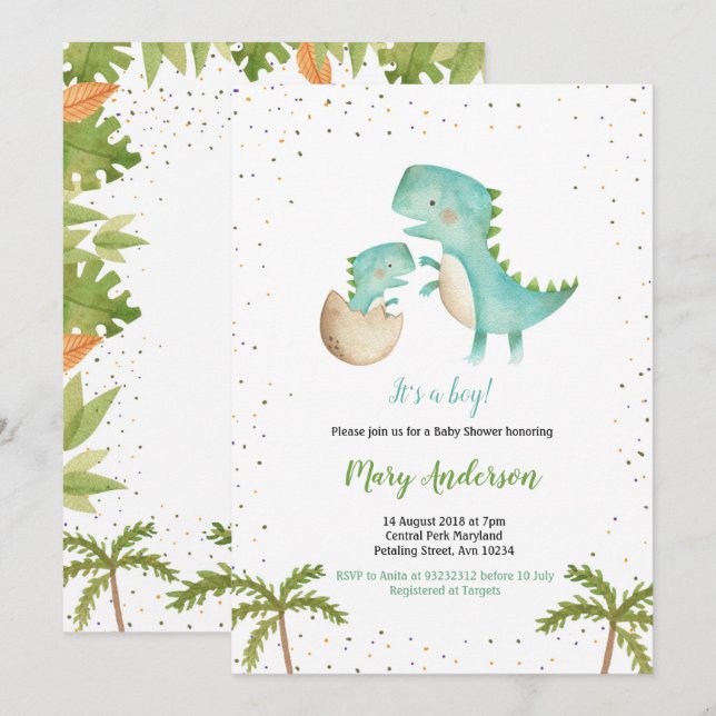 Invitación Baby Shower de Blue Mint Boy Dinosaur (Anverso / Reverso)