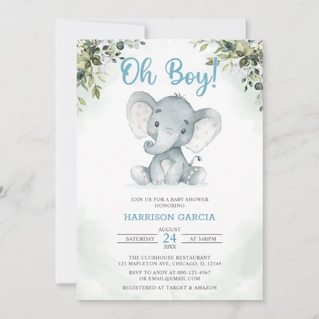 Invitación Baby Shower de Blue Oh Boy Cute Elephan (Anverso)