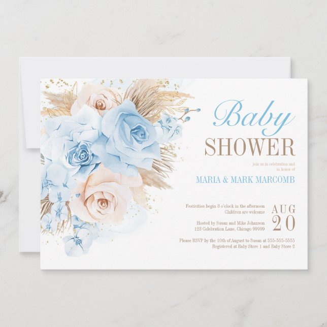 Invitación Baby Shower de Blue Pampas Grass Bohemi (Anverso)