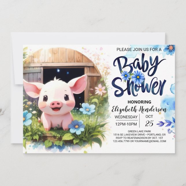 Invitación Baby Shower de Blue Pig's Barnyard Bash Adventure (Anverso)