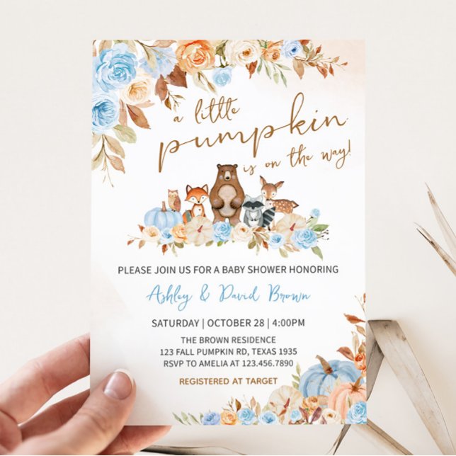 Invitación Baby Shower de Blue Pumpkin Woodland (Blue Floral Woodland Baby Shower Invitation)