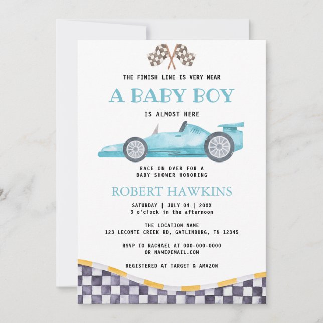 Invitación Baby Shower de Blue Race Car Boy (Anverso)