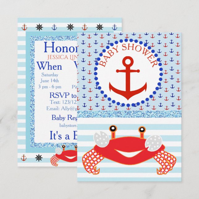 Invitación Baby Shower de Blue & Red Boy Crab Beac (Anverso / Reverso)
