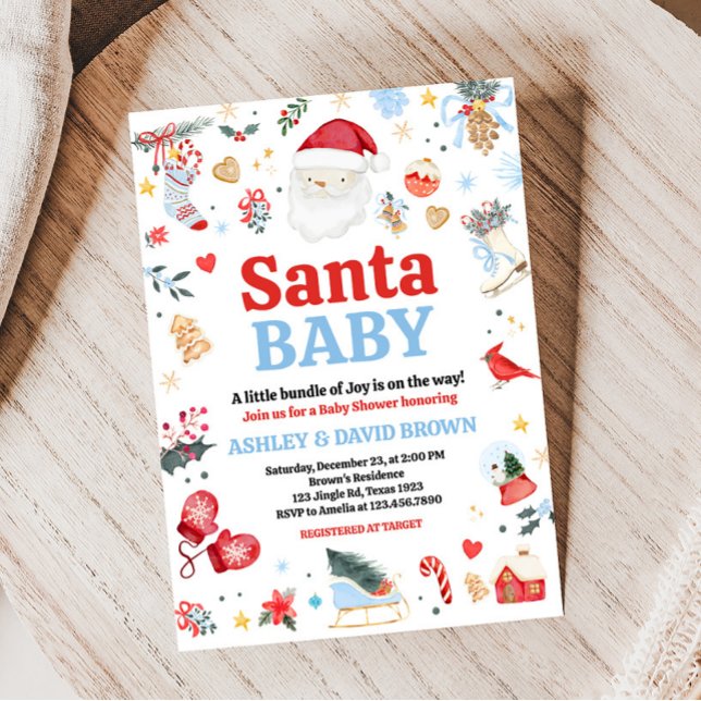 Invitación Baby Shower de Blue Santa Baby (Red and Blue Santa Baby Shower Invitation)