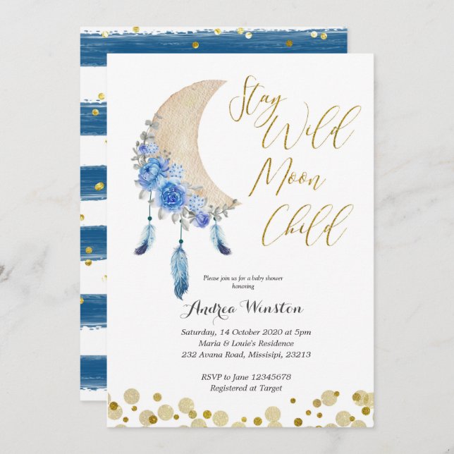 Invitación Baby Shower de Blue Stay Wild Moon Child (Anverso / Reverso)