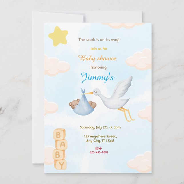 Invitación Baby Shower de Blue Stork (Anverso)