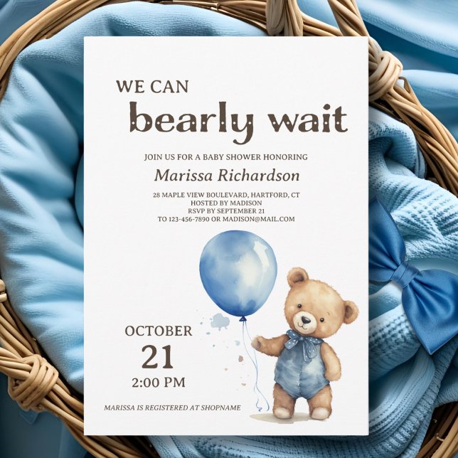 Invitación Baby Shower de Blue Teddy Bear Boy (cute elegant custom we can bearly wait teddy bear blue baby boy shower invitation)