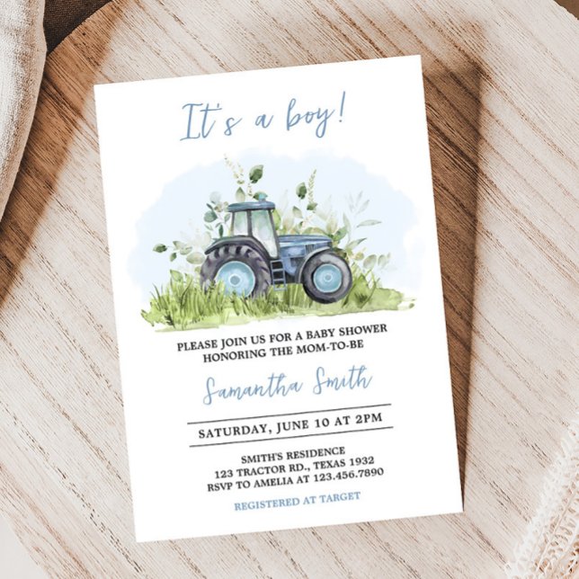 Invitación Baby Shower de Blue Tractor (Farm Tractor Baby Shower Invitation)