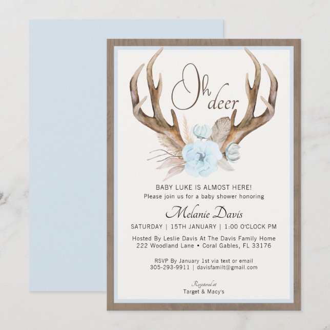 Invitación Baby Shower de Blue Watercolor Antler - (Anverso / Reverso)
