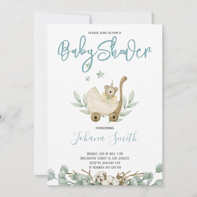 Invitación Baby Shower de Blue Watercolor Bear (Anverso)