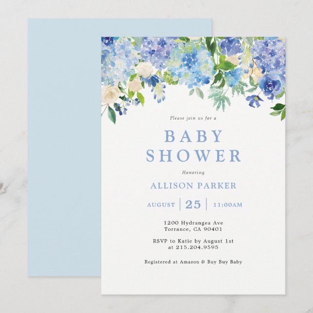 Invitación Baby Shower de Blue Watercolor hidrange (Anverso / Reverso)
