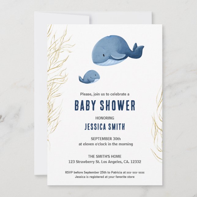 Invitación Baby Shower de Blue Whale Boy (Anverso)