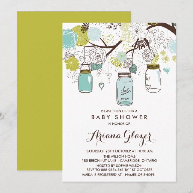 Invitación Baby Shower de Blue Whimsical Mason Jar (Anverso / Reverso)