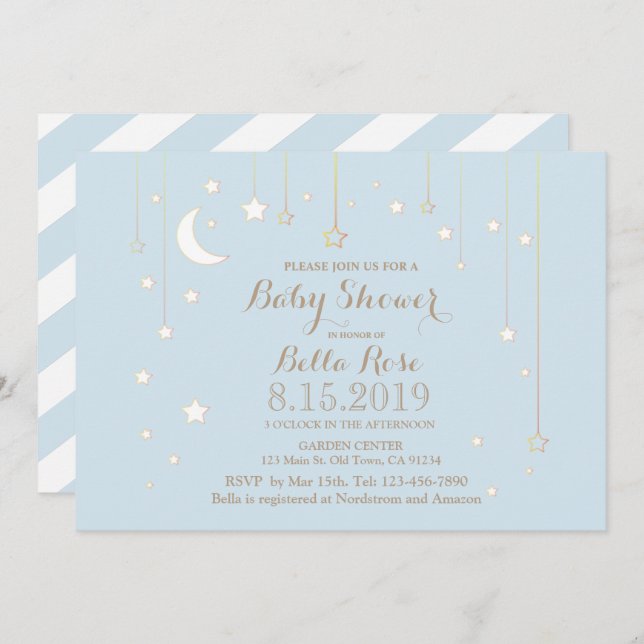 Invitación Baby Shower de Blue White Moon Star Boy (Anverso / Reverso)
