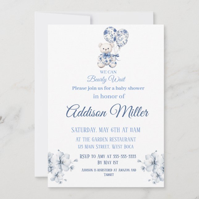 Invitación Baby Shower de Blue&white Teddy Bear (Anverso)